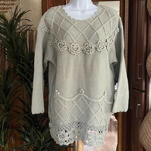 Shenanigans Vintage Lace Floral Hand Knit Sage Sweater M | 80s 90s Cottagecore